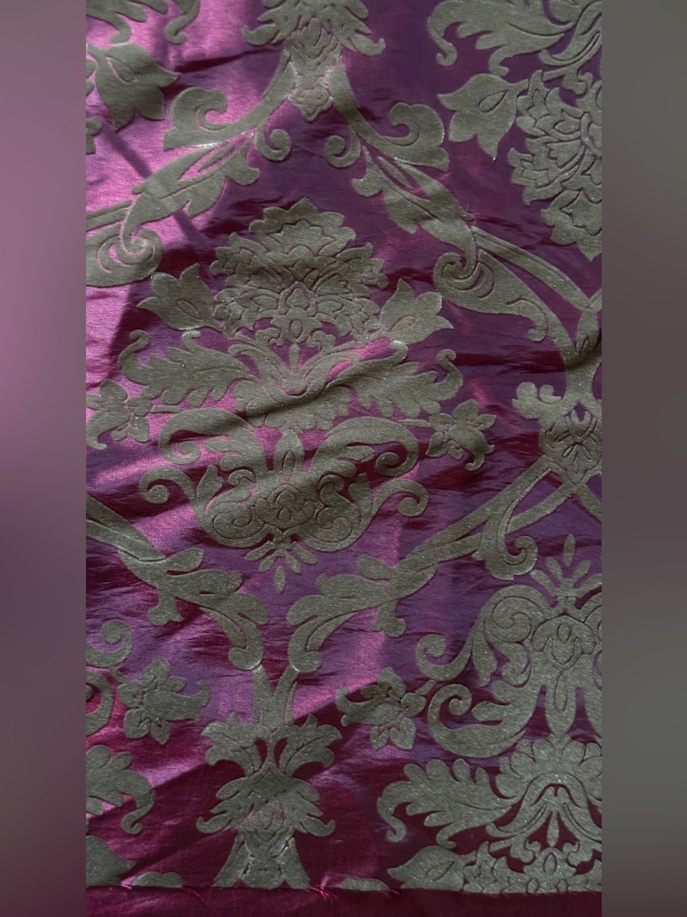 Burgundy Iridescent Damask Fabric Raised Flocked Floral 60x78” (2.2 Yards) Vtg